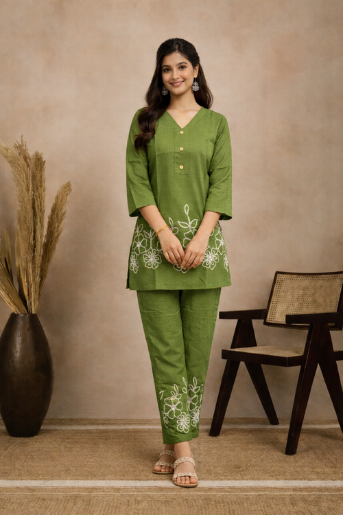 Olive Green Floral Embroidered Elegant Kurta Pant Co-Ord Set for Women
