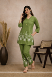 Olive Green Floral Embroidered Elegant Kurta Pant Co-Ord Set for Women