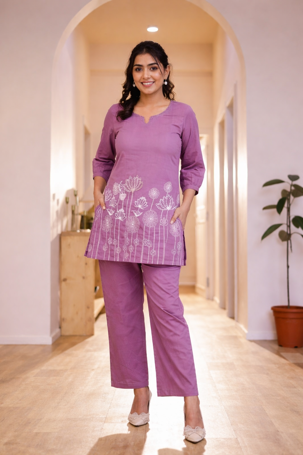 Lavender Floral Embroidered Cord Set