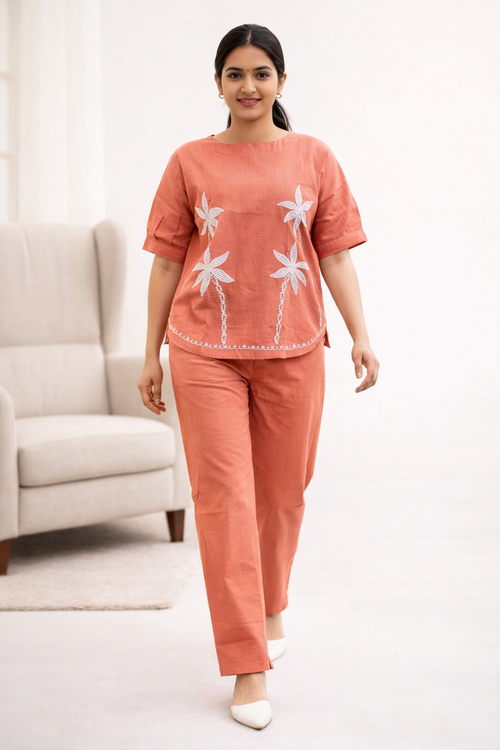 Peach Blossom Embroidered Cotton Cord Set