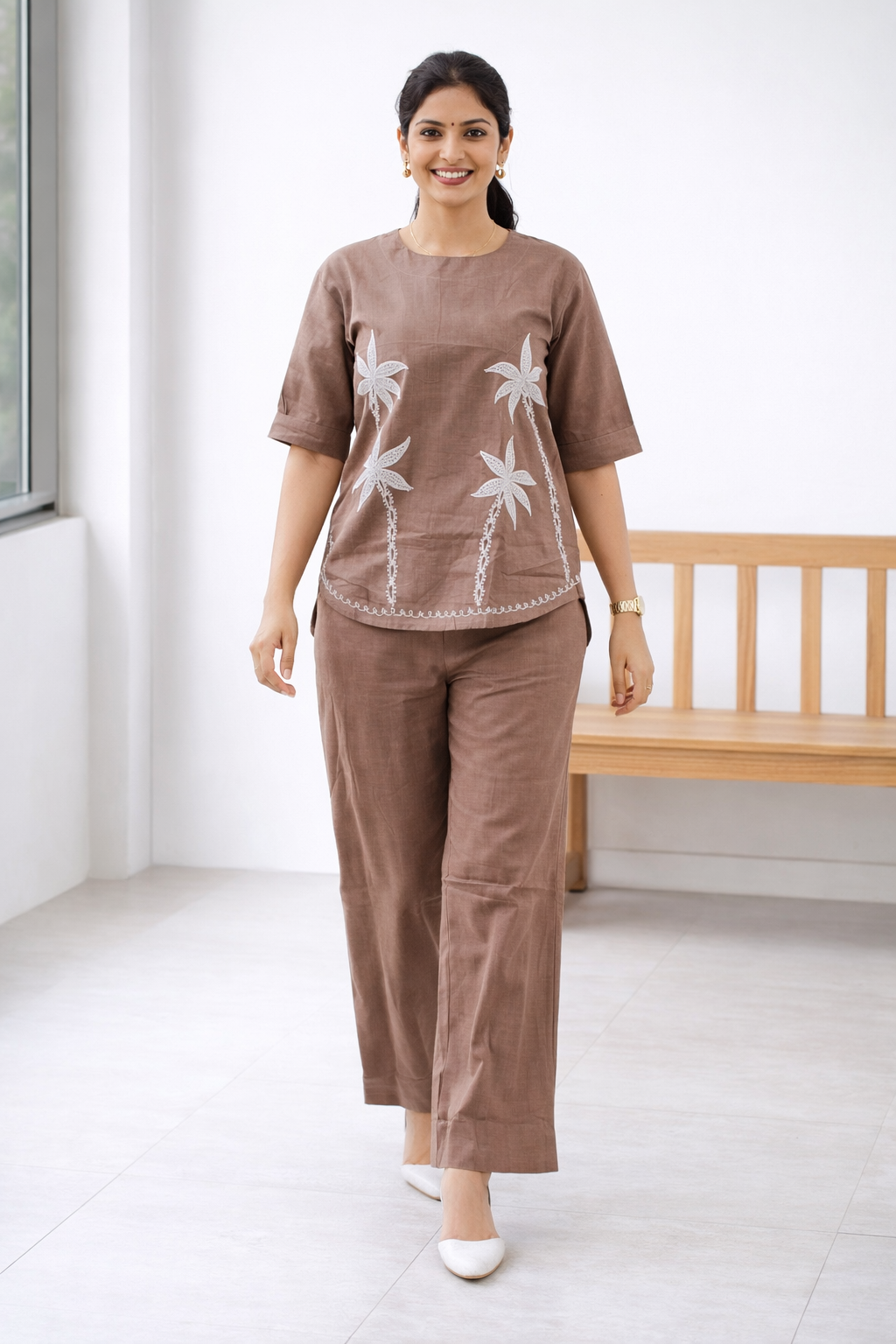 Cocoa Palm Breeze Co-ord Set With embroidery