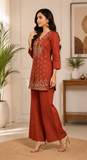Royal Rust Elegance Roman Silk Embroidered Kurta Palazzo Set