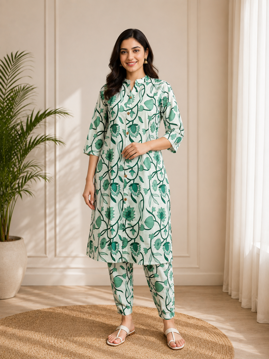 Women's Mint Blossom Embroidered Cotton Blend Kurta Pant Set