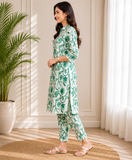 Women's Mint Blossom Embroidered Cotton Blend Kurta Pant Set
