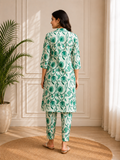 Women's Mint Blossom Embroidered Cotton Blend Kurta Pant Set