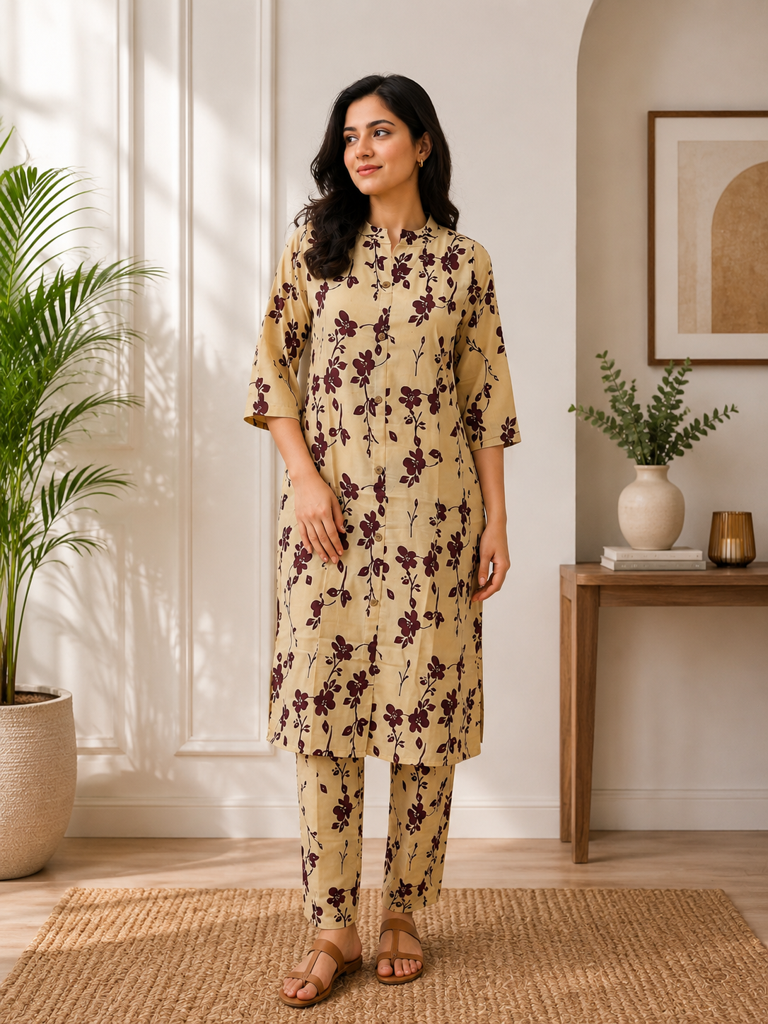 Women's Sandstone Blossom Embroidered Cotton Blend Kurta Pant Set