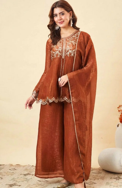 Cinnamon Glow Embroidered Palazzo Set