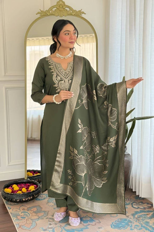Olive Majesty Embroidered Cotton Blend Kurta Pant Set with Jacquard Dupatta