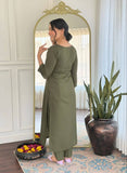 Olive Majesty Embroidered Cotton Blend Kurta Pant Set with Jacquard Dupatta