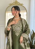 Olive Majesty Embroidered Cotton Blend Kurta Pant Set with Jacquard Dupatta
