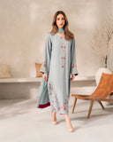 Premium Pastel Blue Floral Embroidered Suit Set with Chinnon Dupatta