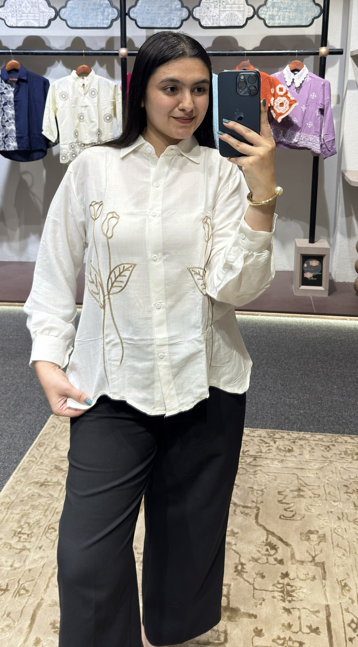 Elegant Floral Embroidery White Linen Shirt for Women | Stylish Casual Button-Down Top