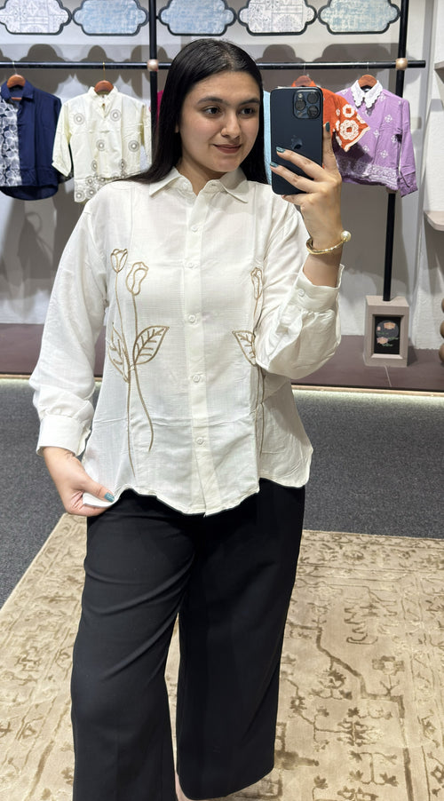 Elegant Floral Embroidery White Linen Shirt for Women | Stylish Casual Button-Down Top
