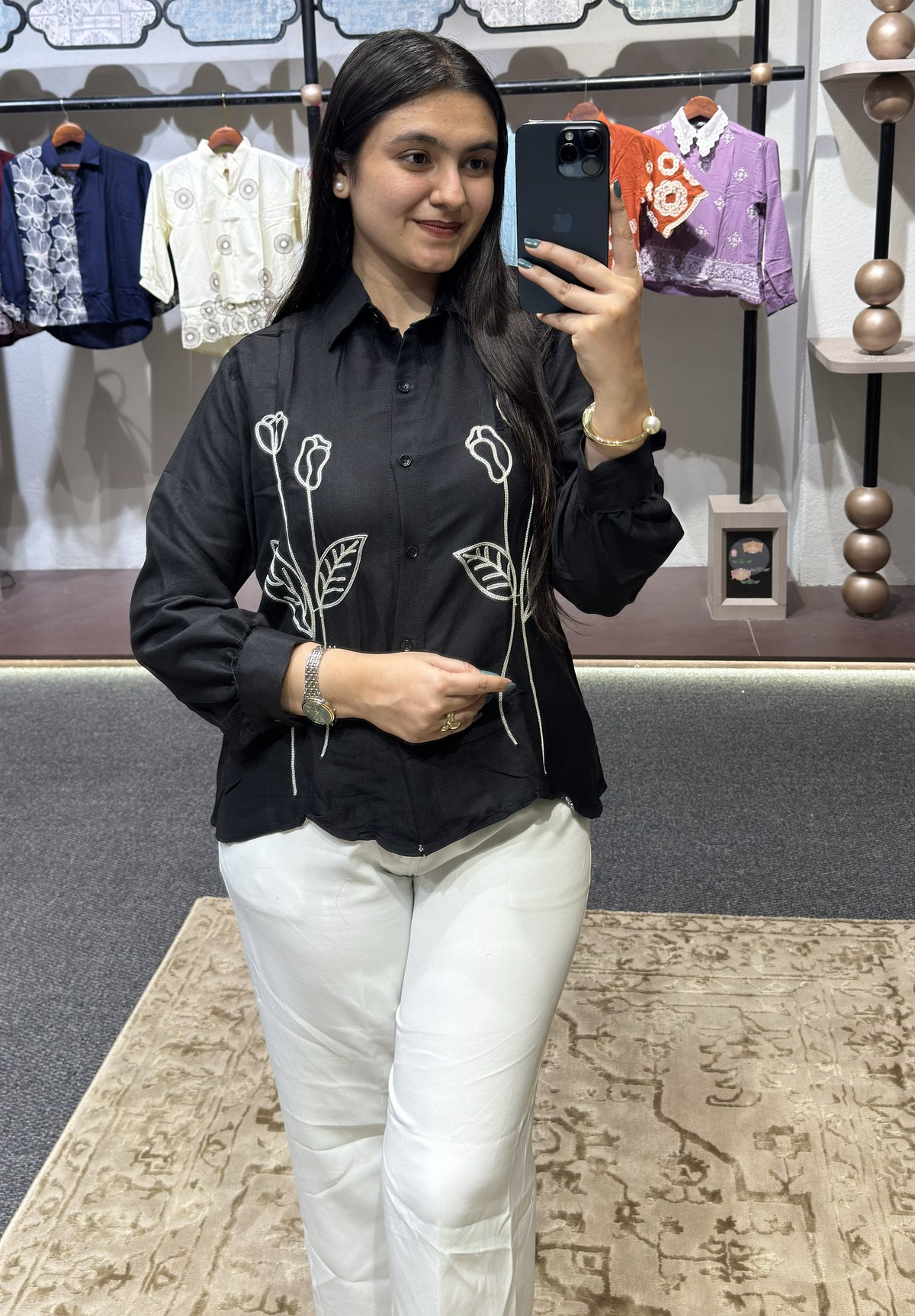 Women’s Elegant Black Floral Embroidered Shirt – Premium Statement Casual & Festive Wear