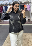 Women’s Elegant Black Floral Embroidered Shirt – Premium Statement Casual & Festive Wear