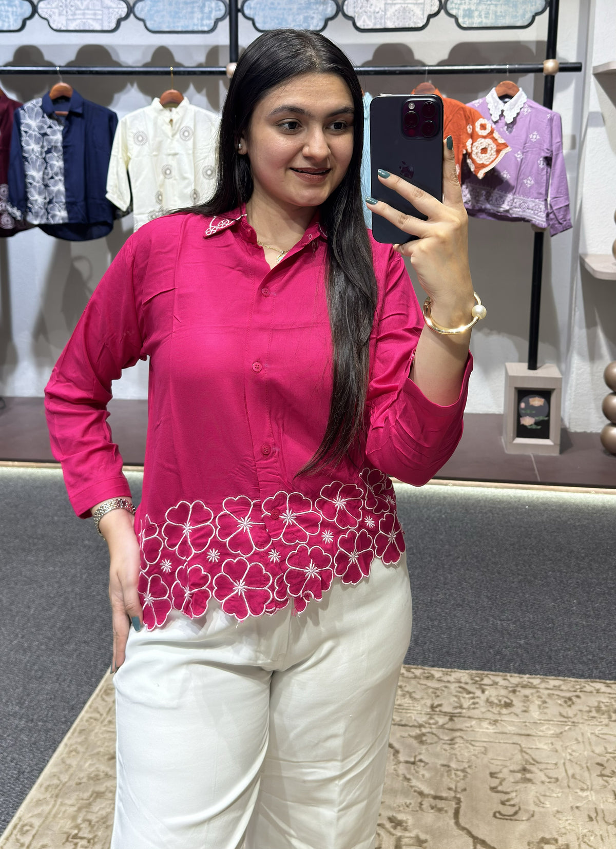 Women’s Designer pink Cotton Shirt with Intricate Floral Embroidery & Statement Collar