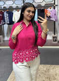 Women’s Designer pink Cotton Shirt with Intricate Floral Embroidery & Statement Collar