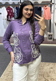 WIORA Women’s Purple Floral Embroidered Casual Shirt – Stylish Button-Down Full Sleeve shirt for Elegant Everyday Wear