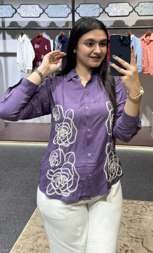 WIORA Women’s Purple Floral Embroidered Casual Shirt – Stylish Button-Down Full Sleeve shirt for Elegant Everyday Wear