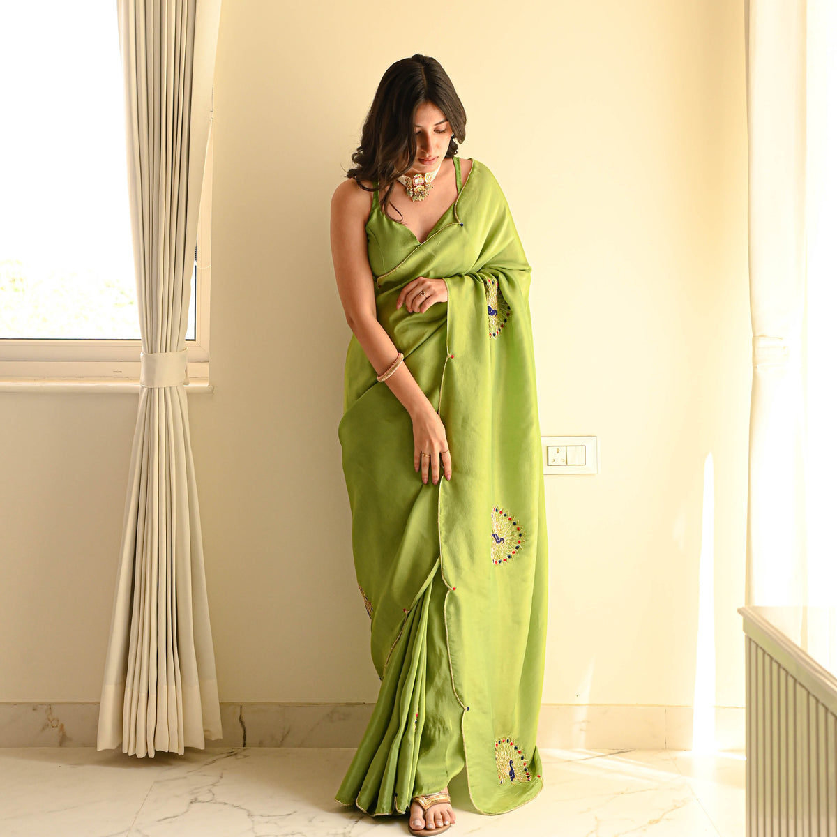 Designer Satin Silk Green Saree with Elegant Embroidery Work