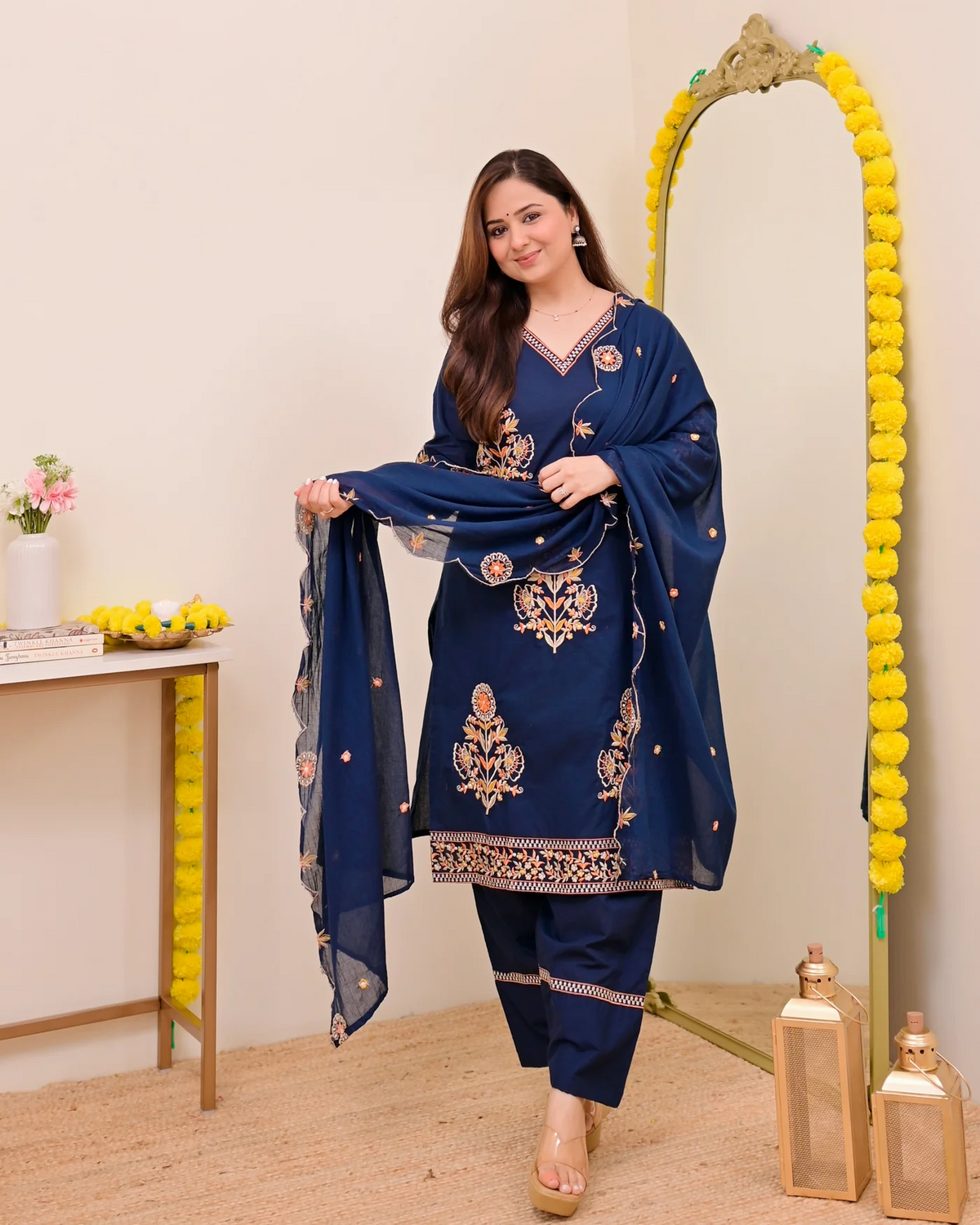 Women's Luxury Embroidered Navy Blue Traditional Kurta Pant Set