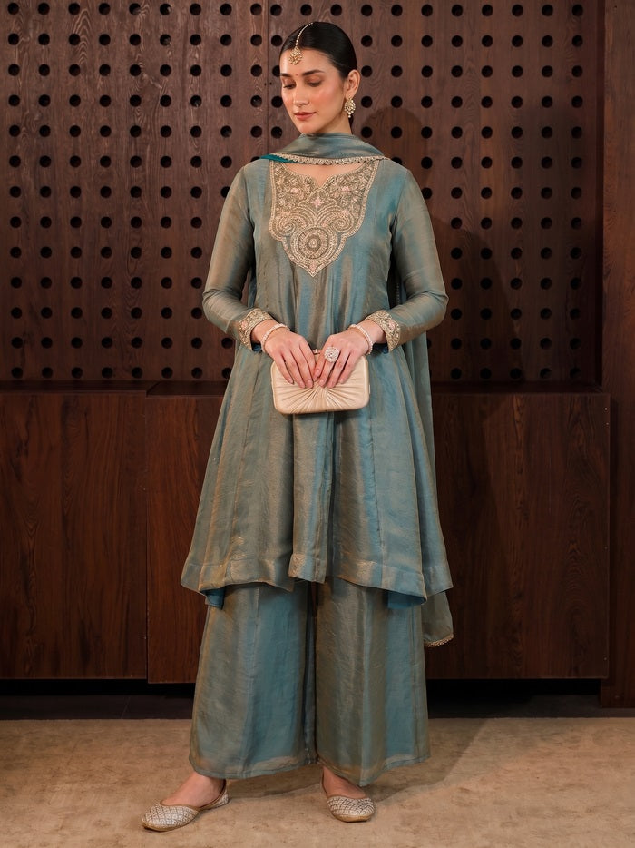 Fandy Silk Embroidered A-Line Kurta Palazzo Set with Dupatta for Women