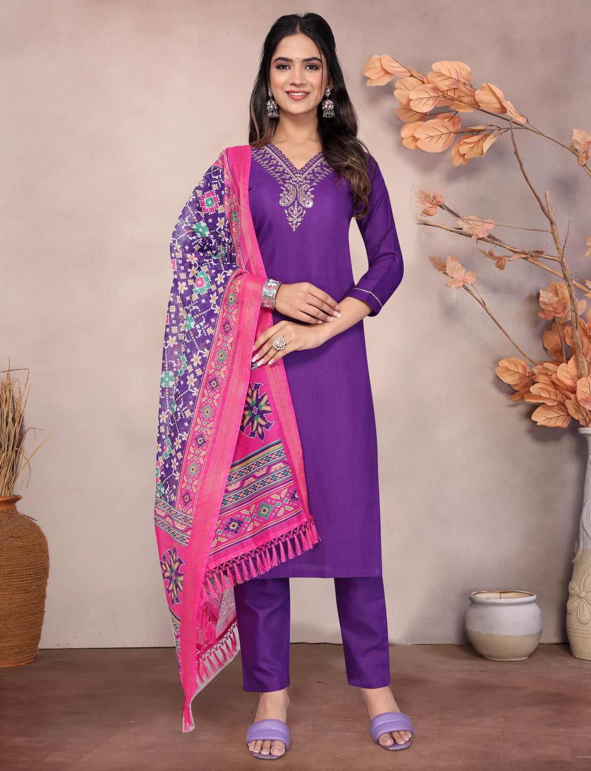 Royal Purple Embroidered Kurta Pant Set with Vibrant Patola Inspired Pink Dupatta