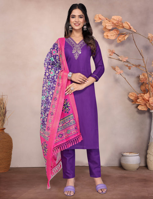 Royal Purple Embroidered Kurta Pant Set with Vibrant Patola Inspired Pink Dupatta