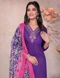 Royal Purple Embroidered Kurta Pant Set with Vibrant Patola Inspired Pink Dupatta