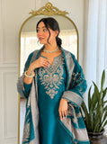 Royal Teal Elegance Embroidered Cotton Blend Kurta Pant Set