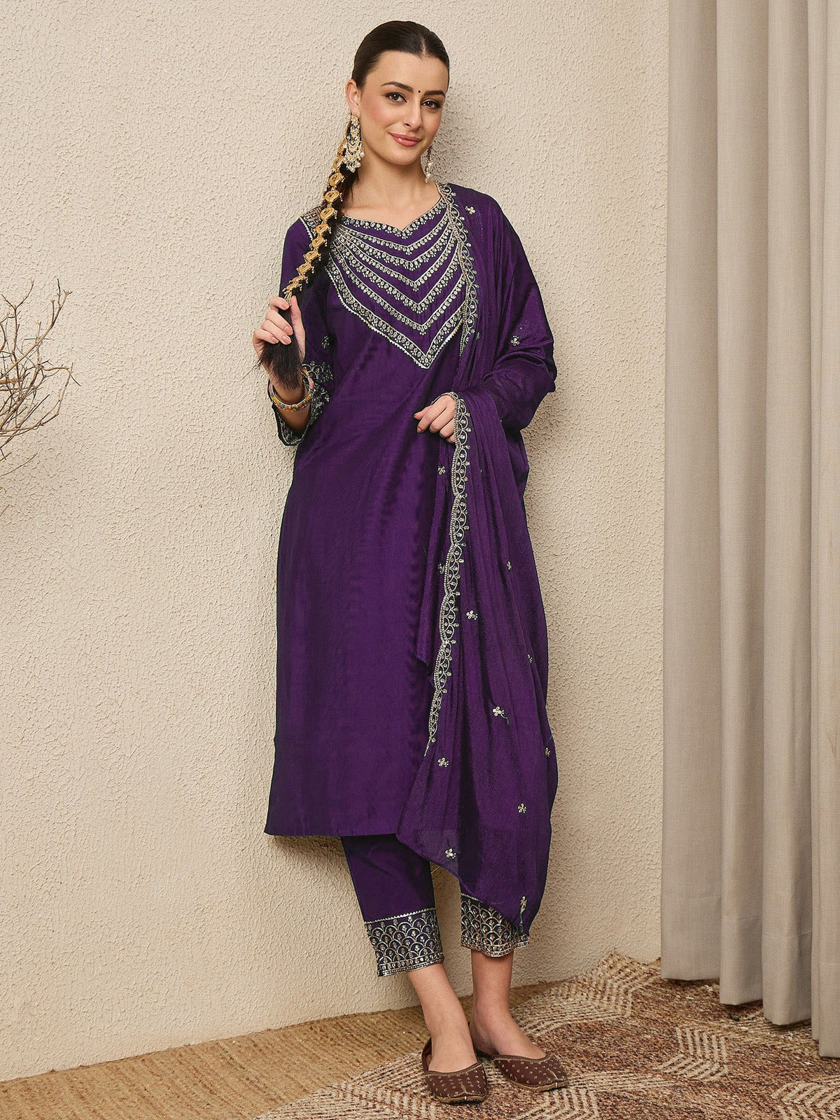 Wine Embroidered Kurta Set with Dupatta