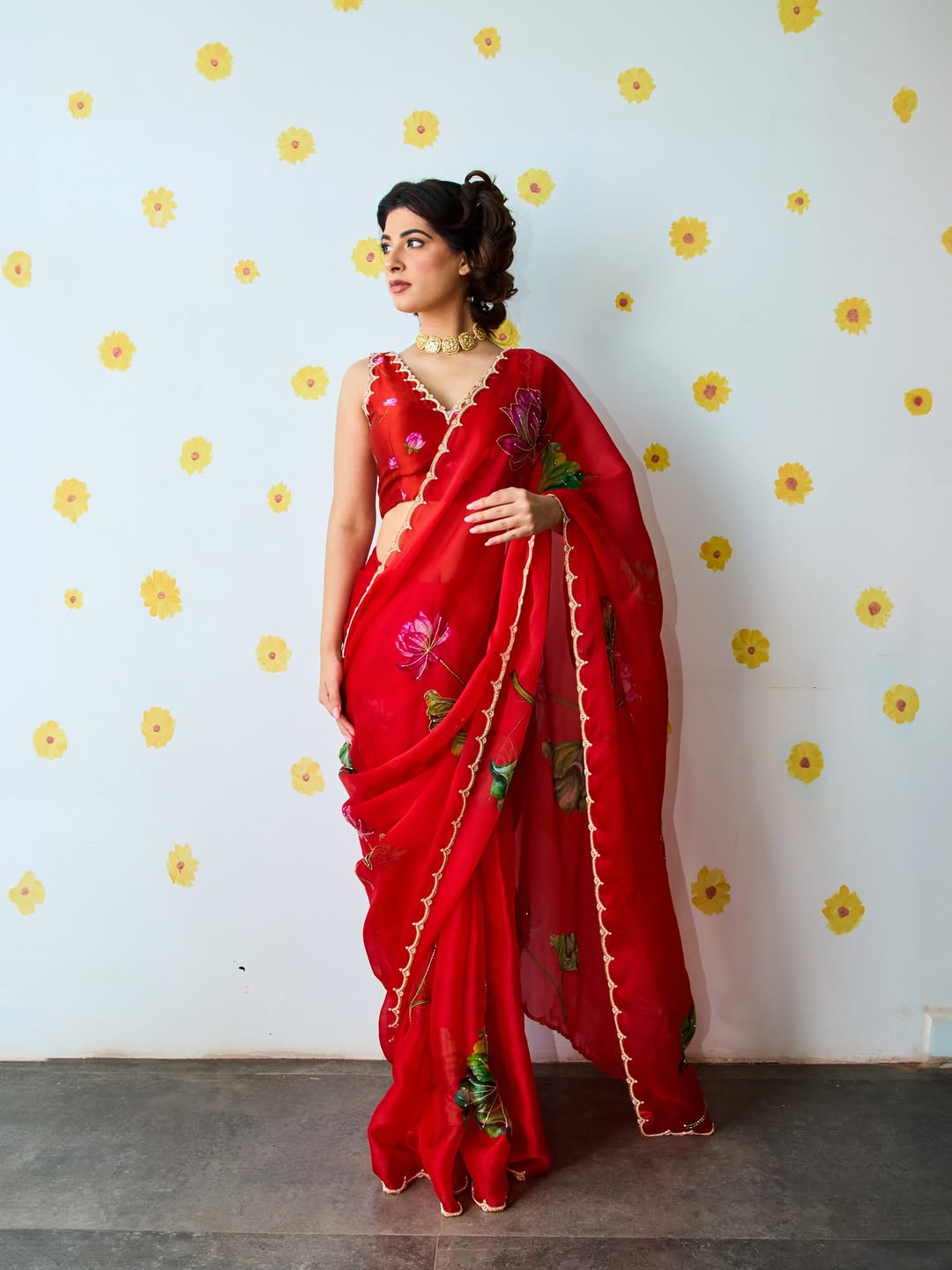 Red Organza Silk Saree Floral Embroidery With Blouse