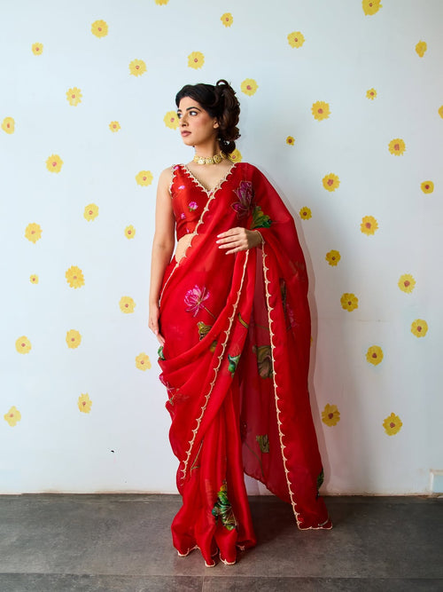 Red Organza Silk Saree Floral Embroidery With Blouse
