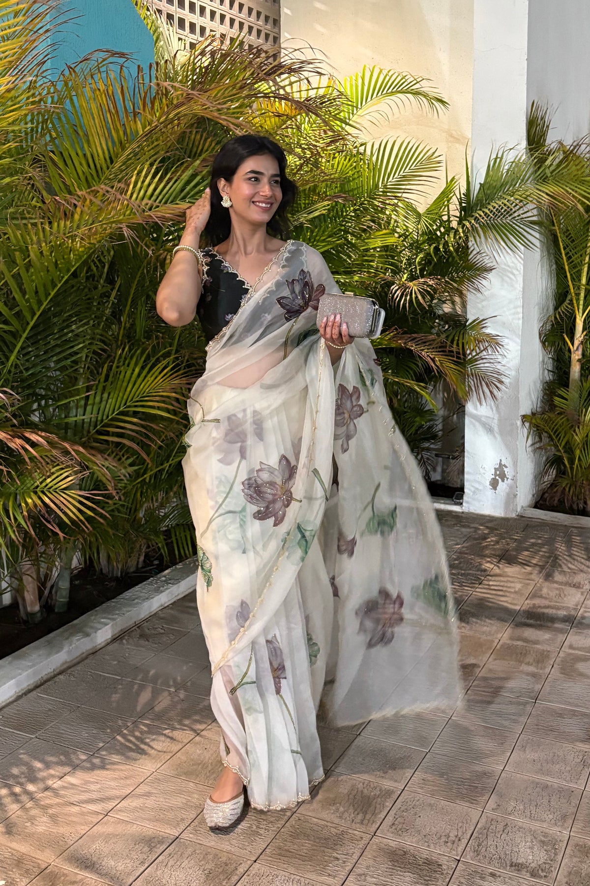 Smoke White Organza Silk Saree Artistic Floral Embroidery Work With Blouse