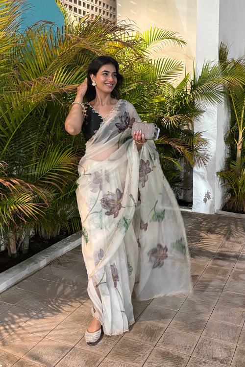 Smoke White Organza Silk Saree Artistic Floral Embroidery Work With Blouse