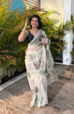 Smoke White Organza Silk Saree Artistic Floral Embroidery Work With Blouse