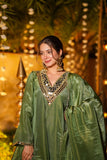 Royal Olive Green CP Vichitra Silk Embroidered Kurta Palazzo Dupatta Set