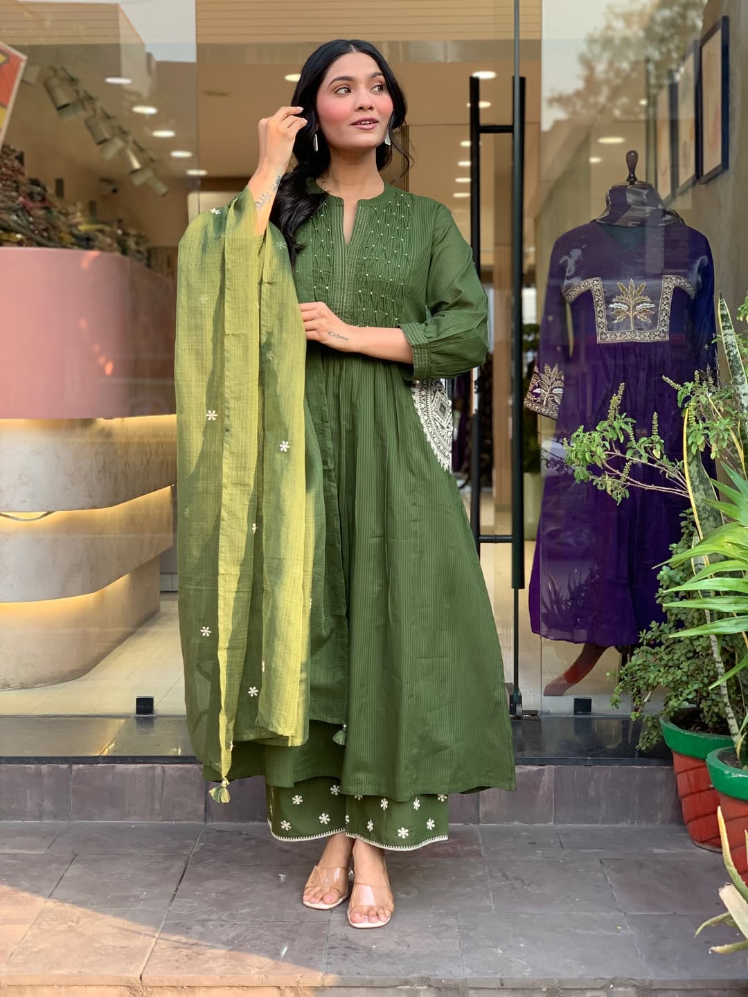 Graceful Green Handwork Kurta Pant Dupatta Set with Handworked Neck & Embroidered Dupatta