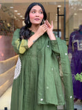 Graceful Green Handwork Kurta Pant Dupatta Set with Handworked Neck & Embroidered Dupatta