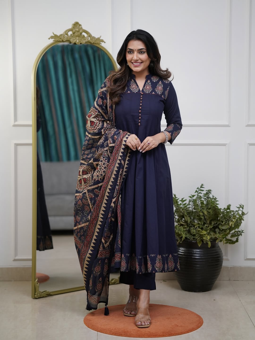 Navy Blue Kalamkari Cotton Suit Set with  pure Cotton dupatta