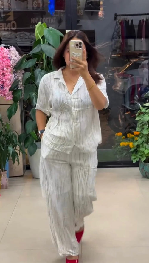 Elegant Solid Cotton Mix Linen Two Piece Co-Ord Set with Soft Texture Shirt and Comfortable Loose Pants
