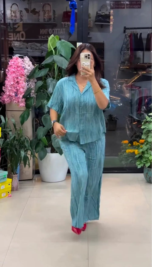 Elegant Cyan Blue Cotton Mix Linen Co-Ord Set with Minimal Solid Finish Relaxed Shirt and Loose Straight Fit Pants