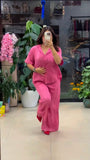 Stylish Pink Cotton Mix Linen Co-Ord Set with Minimal Solid Finish Relaxed Shirt and Loose Straight Fit Pants