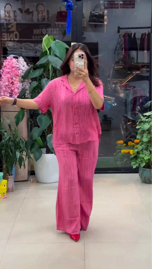 Stylish Pink Cotton Mix Linen Co-Ord Set with Minimal Solid Finish Relaxed Shirt and Loose Straight Fit Pants