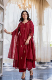 Royal Red Embroidered Suit Set with dupatta with Fully Embroidery Neck