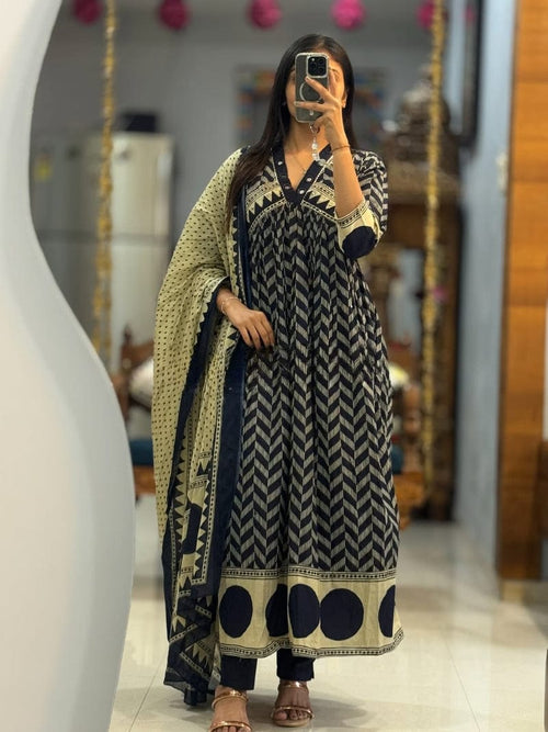 Royal Indigo Ethnic Anarkali Suit in Premium Chanderi Pure Cotton with Hand-Worked Neckline
