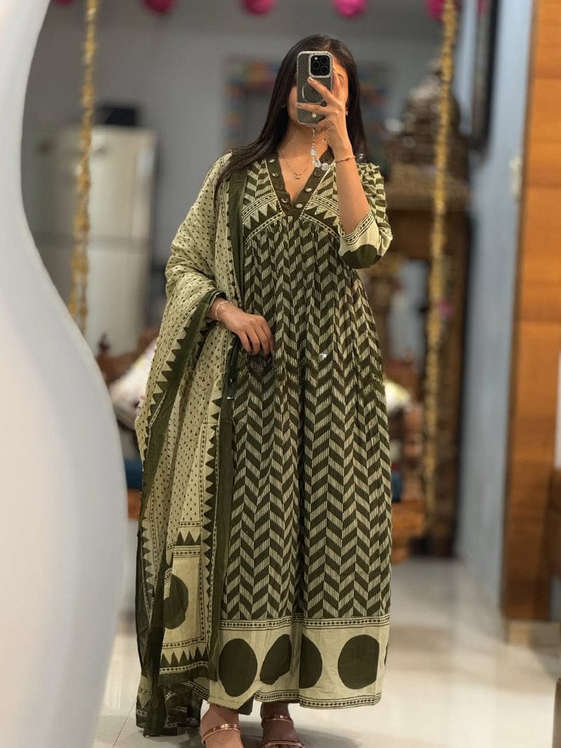 Olive Green Chanderi Pure Cotton Anarkali Suit Set with Hand-Worked Neckline
