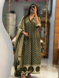 Olive Green Chanderi Pure Cotton Anarkali Suit Set with Hand-Worked Neckline