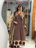 Maroon Chanderi Pure Cotton Anarkali Suit Set with Hand-Worked Neckline