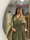 Olive Green Chanderi Pure Cotton Anarkali Suit Set with Hand-Worked Neckline
